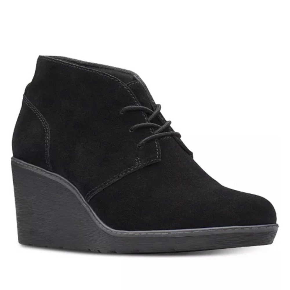 Clarks Wedge Ankle Bootie, Black Suede, Size 7